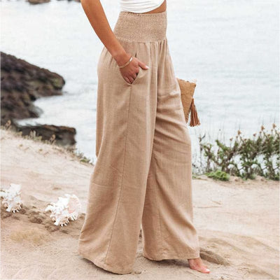 pantalon en lin beige-large-taille-haute-élastique-taille-détendue-style-été