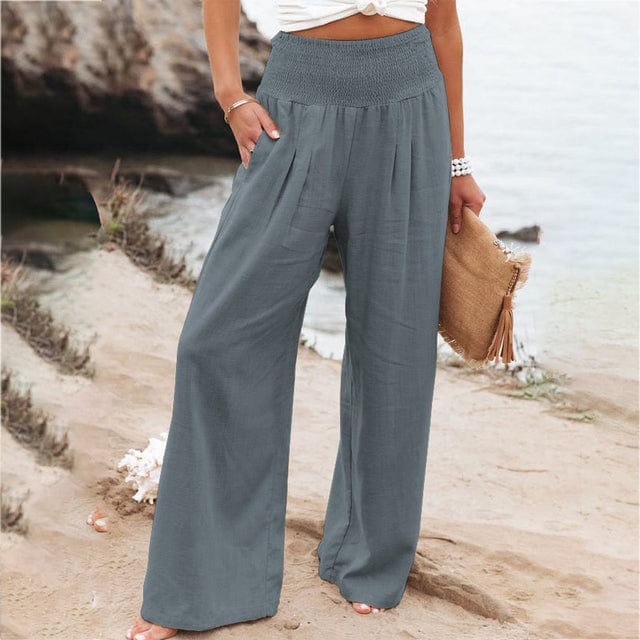 pantalon en lin gris-large-taille-haute-élastique-ceinture-relaxant-style-été