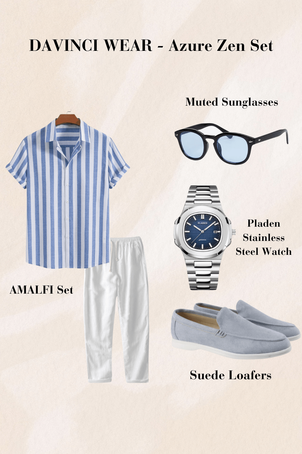 Chemise à rayures bleues et blanches, pantalon blanc, lunettes de soleil noires, montre argentée en acier inoxydable et mocassins en daim bleu clair, design estival