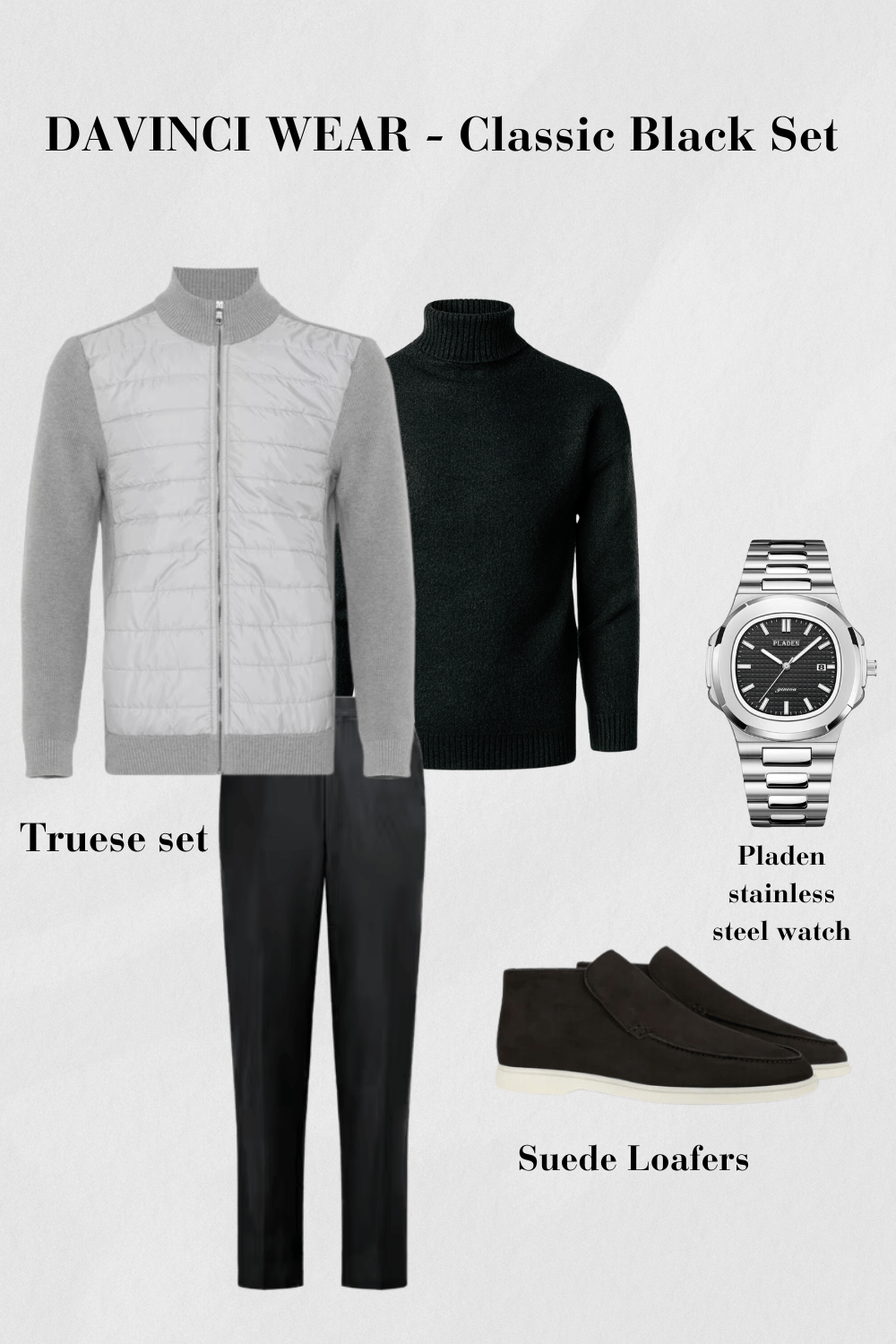 Ensemble noir-veste matelassée-pull à col roulé-pantalon-noir-loafers-suede-et-montre-en-acier-inoxydable-design-classique-et-moderne