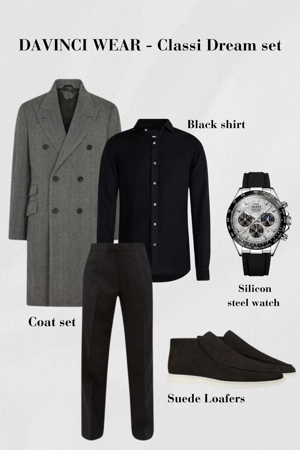 Tenue-homme-manteau-gris-chemise-noire-pantalon-silicone-acier-inoxydable-montre-et-loafers-en-suède-noir-légant-et-classique