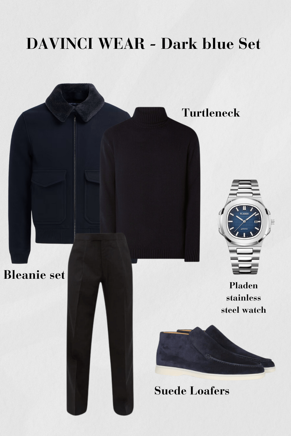 Tenue-homme-veste-bleu foncé-col roulé-pull-noir-pantalon-bleu-montre-en-acier-inoxydable-et-chaussures-en-suède-bleu foncé