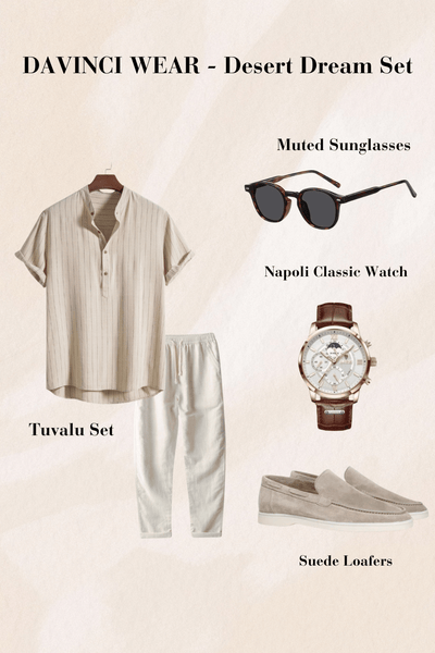 Chemise beige à rayures-pantalon ample-lunettes de soleil noires-montre brune et mocassins en daim beige-set estival