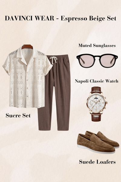 Chemise en dentelle avec pantalon marron-beige-suède-loafers-rose-montre-et-lunettes de soleil teintées