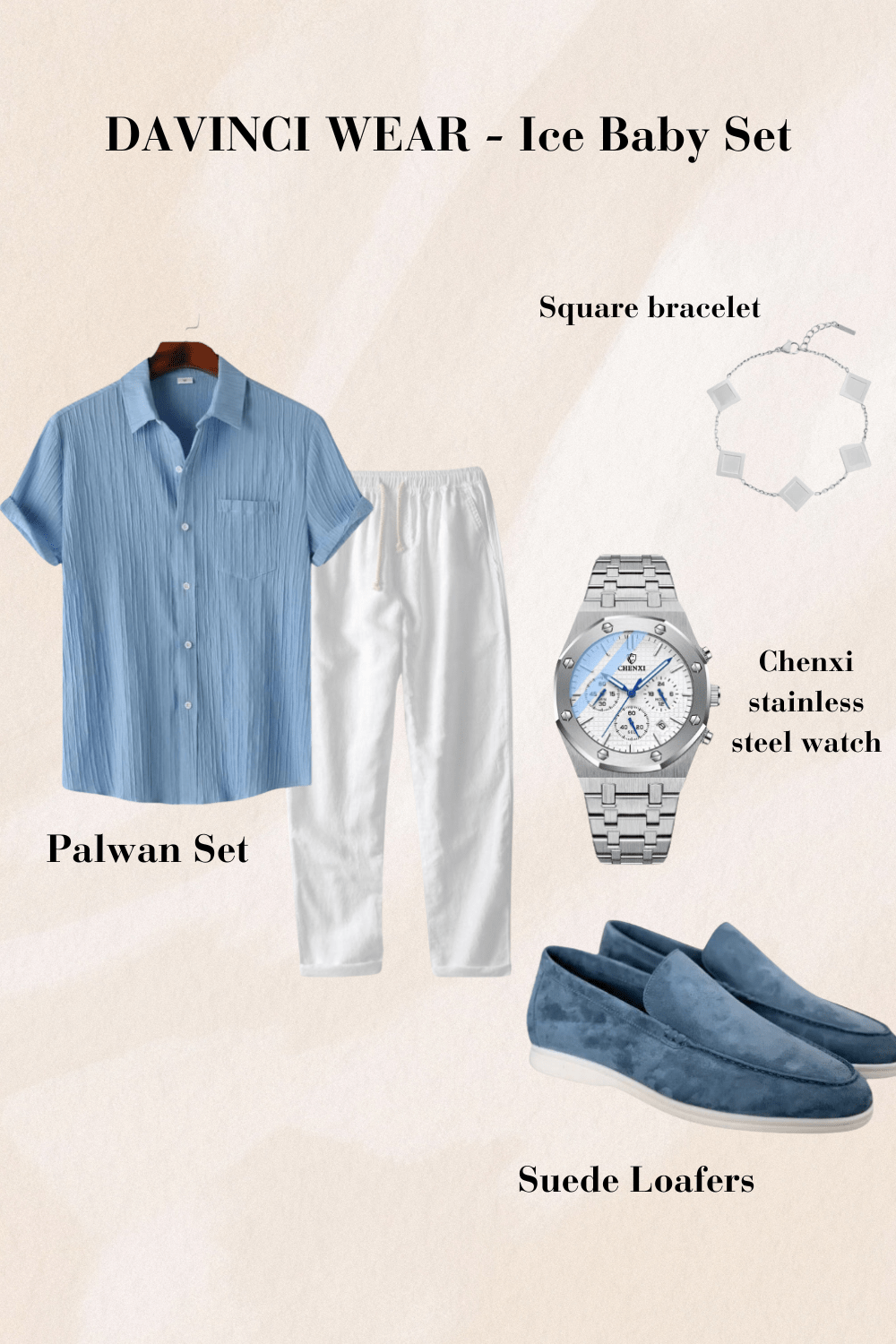 Chemise bleue avec pantalon blanc montre-bracelet en argent et mocassins en daim bleu design estival et frais