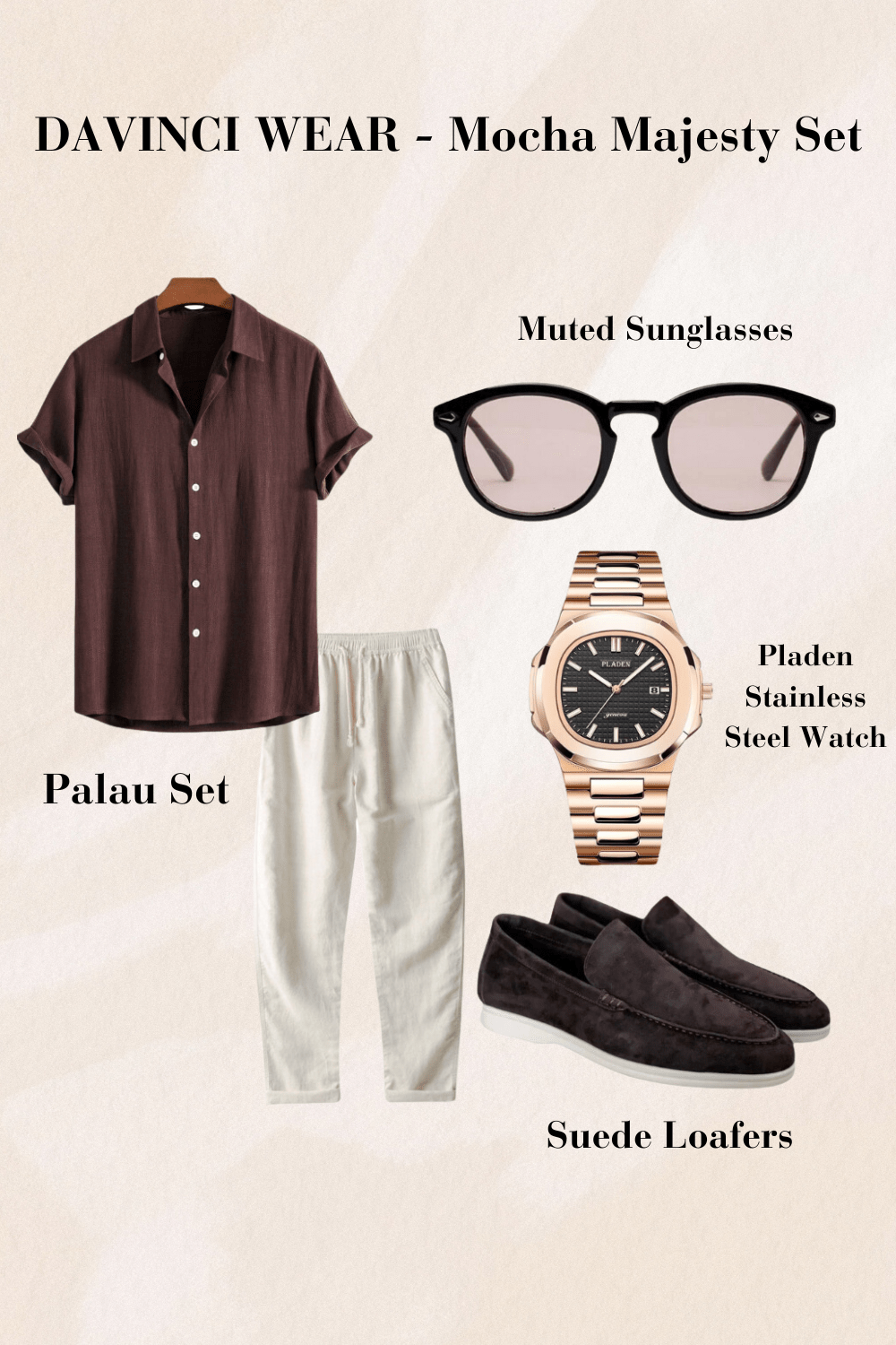 Chemise brune avec pantalon beige, montre en acier inoxydable couleur laiton et mocassins en daim marron foncé, design estival et élégant