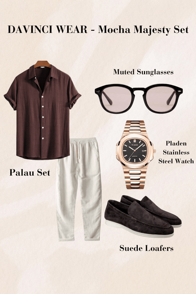 Chemise brune avec pantalon beige, montre en acier inoxydable couleur laiton et mocassins en daim marron foncé, design estival et élégant