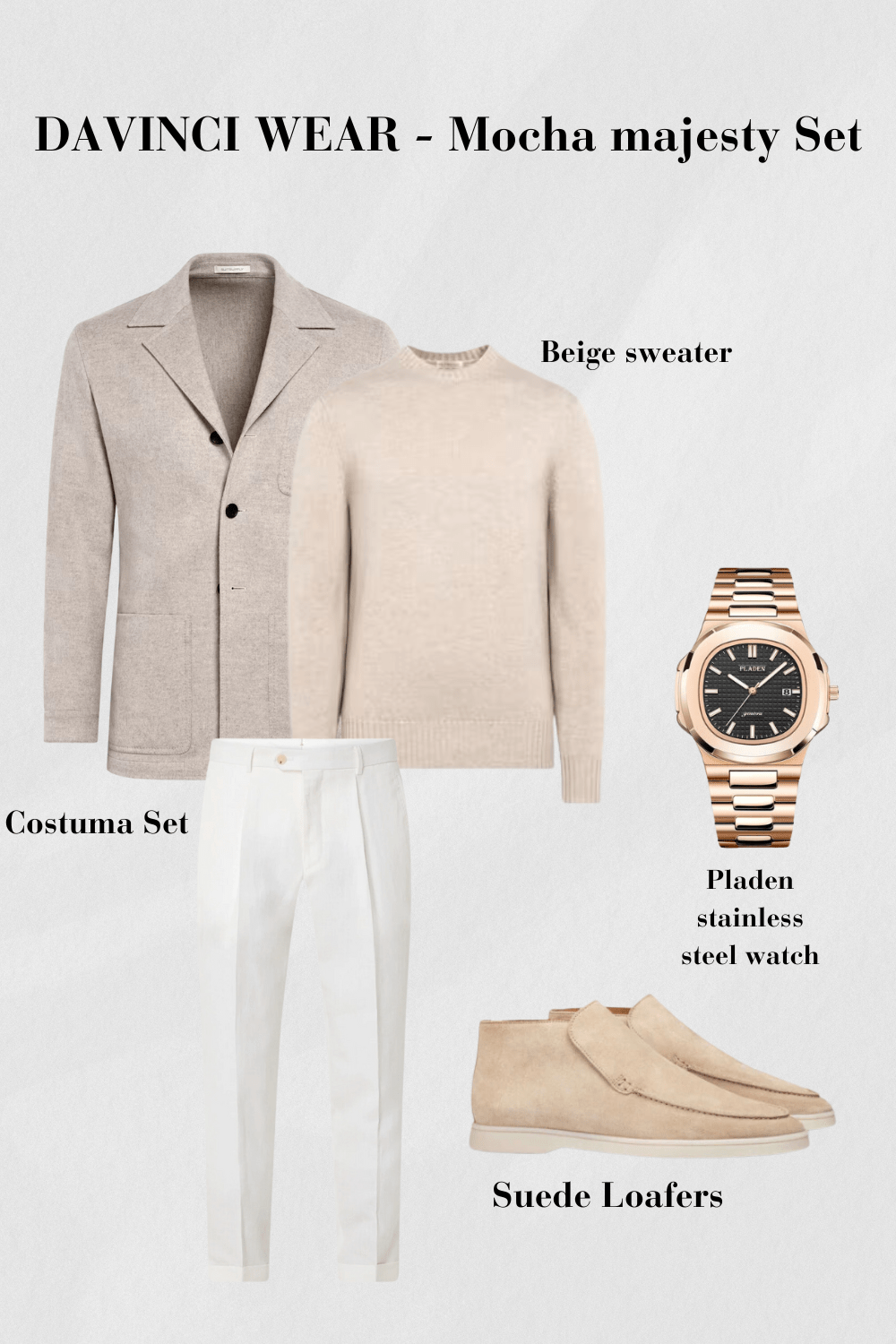 Tenue-homme-veste-beige-pull-crème-pantalon-blanc-montre-charge-or-rose-et-chaussures-beige-en-suède-style-et-indémodable