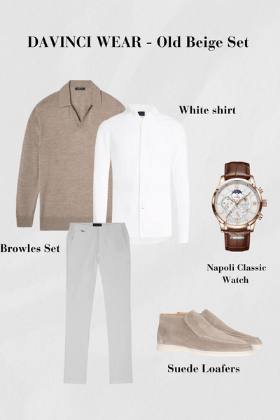 Ensemble beige et blanc-chemise-pantalon-loafers-suede-et-montre-classique-design élégant et intemporel