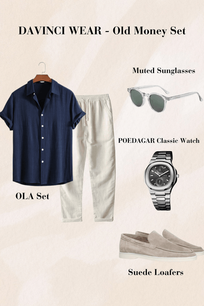 Chemise bleu foncé avec pantalon beige, montre classique en acier inoxydable et mocassins en daim, design estival et élégant