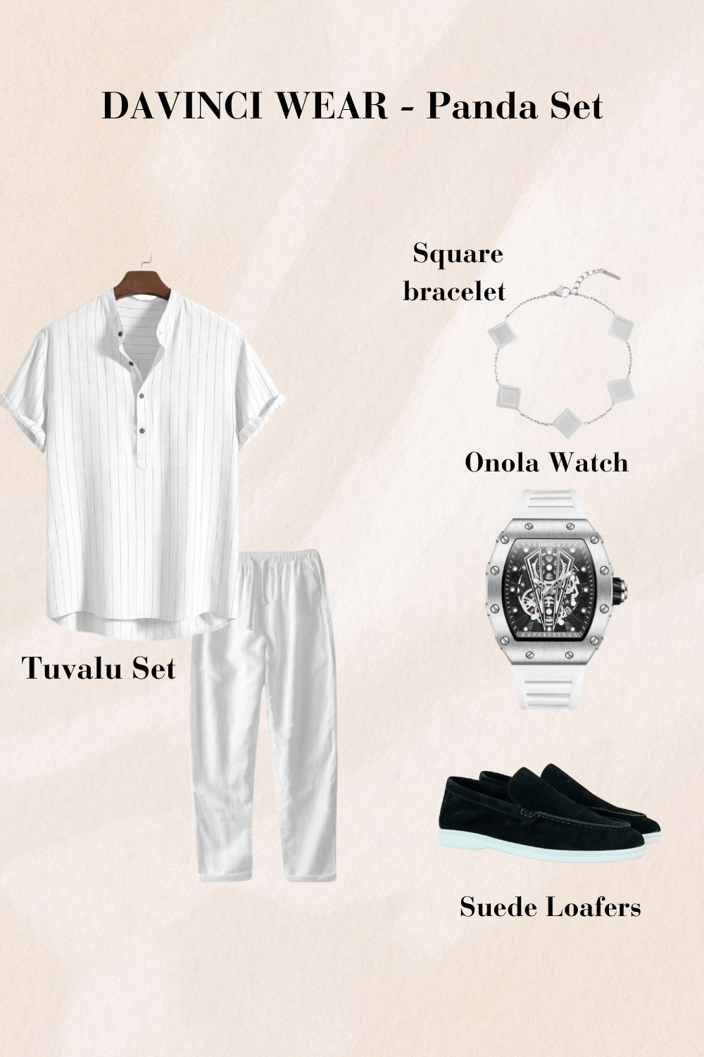 Chemise blanche à fines rayures-pantalon blanc-loafers en daim noir-montre argentée-et-bracelet carré