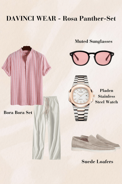 Chemise rose à rayures-pantalon blanc-or rose-montre en acier inoxydable-lunettes de soleil roses teintées et mocassins en daim-design estival et élégant