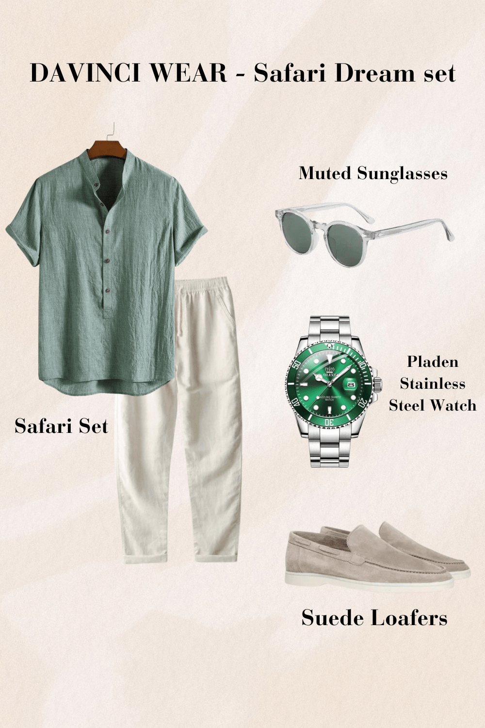 Chemise verte avec pantalon blanc-lunettes de soleil transparentes-montre verte en acier inoxydable et mocassins en daim beige-design estival et décontracté