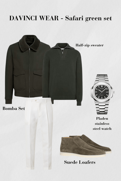 Ensemble homme-old-money-safari-veste-vert olive-demi-zip-pull-pantalon-blanc-cuir-olive-suède-loafers-et-une-montre-noble-acier-inoxydable-style-vintage