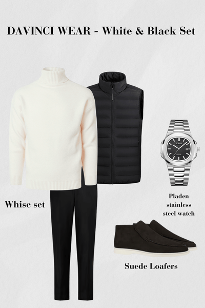 Ensemble blanc-noir-pull à col roulé-gilet-noir-pantalon-noir-loafers-suede-et-montre-inox-design-élégant