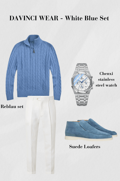 Ensemble bleu avec pull-over en tricot-pantalon blanc-loafers bleu-suede-et-montre-en-acier-inoxydable-élégant-et-moderne