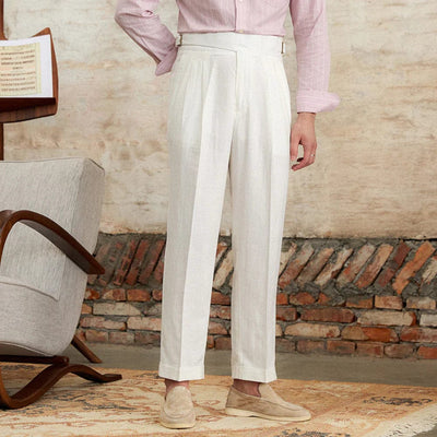 Pantalon beige à taille haute pour hommes avec look vintage et couture plissée élégante