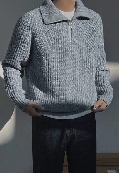 Pull en laine bleu pour homme avec-une-demi-fermeture-éclair-et-un-design-côtelé-pour-un-apparence-chic-et-confortable