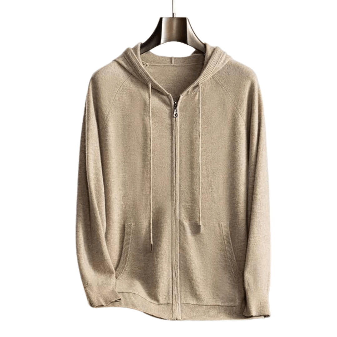 Sweat à capuche pour homme en maille beige avec fermeture éclair, conférant élégance et confort