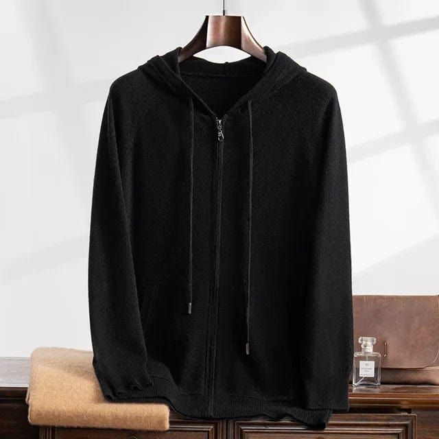 Pull à capuche pour homme en tricot noir avec fermeture éclair, conférant élégance et confort