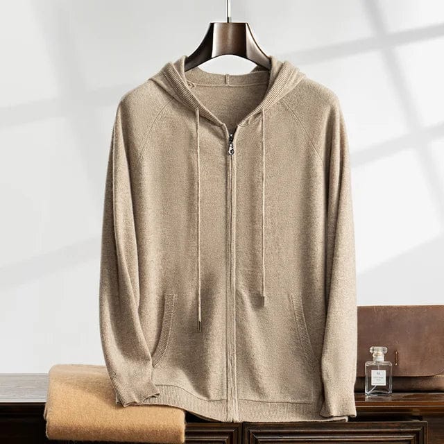 Sweat à capuche pour homme en maille beige avec fermeture éclair, conférant élégance et confort