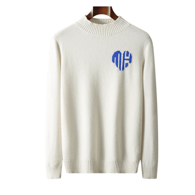 Pull-over homme en cachemire blanc avec motif cœur bleu