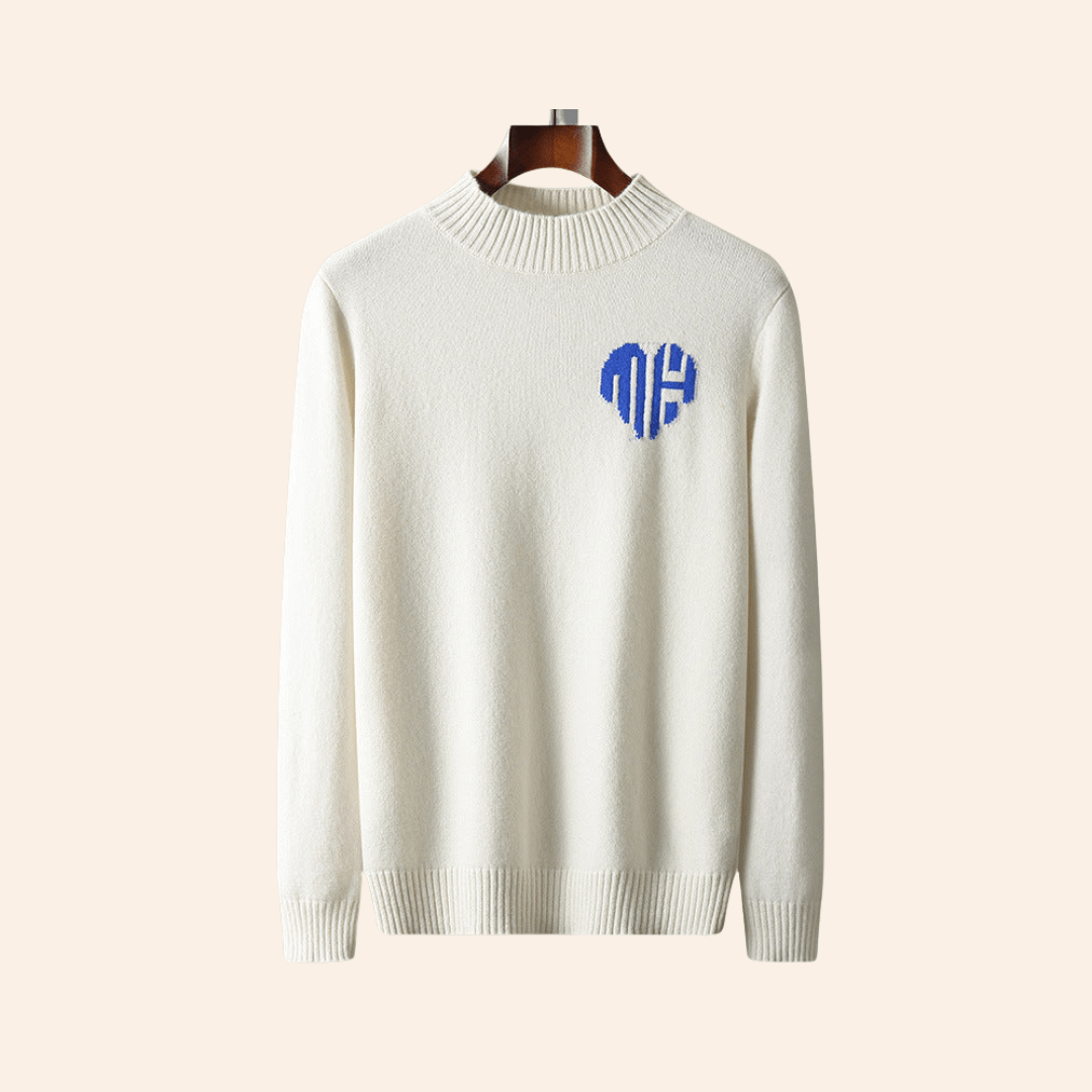 Pull-over homme en cachemire blanc avec motif cœur bleu