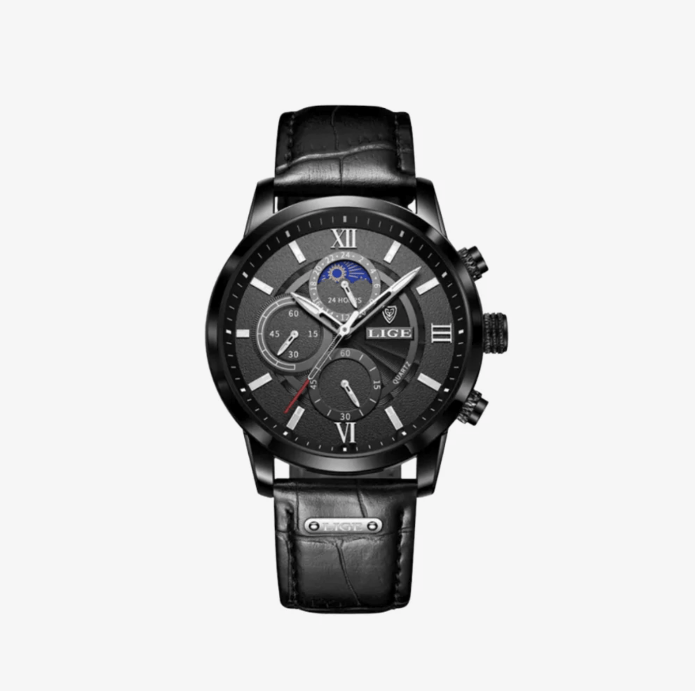 Montre-homme de luxe-avec-bracelet-en-cuir-noir-cadran-noir-et-élégance