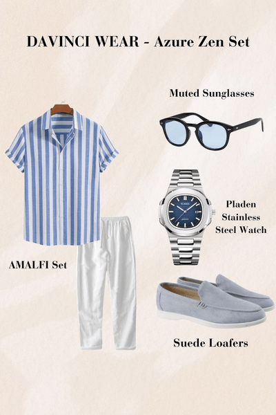 Blauw-wit-gestreept-shirt-met-witte-broek-zwarte-zonnebril-zilver-roestvrij-staal-horloge-licht-blauw-suède-schoenen-summery-design