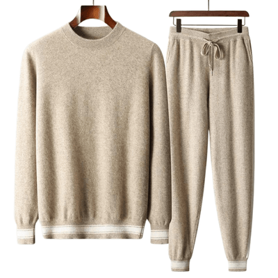 heren-beige-cashmere-set-met-ronde-hals-en-loungebroek met koord