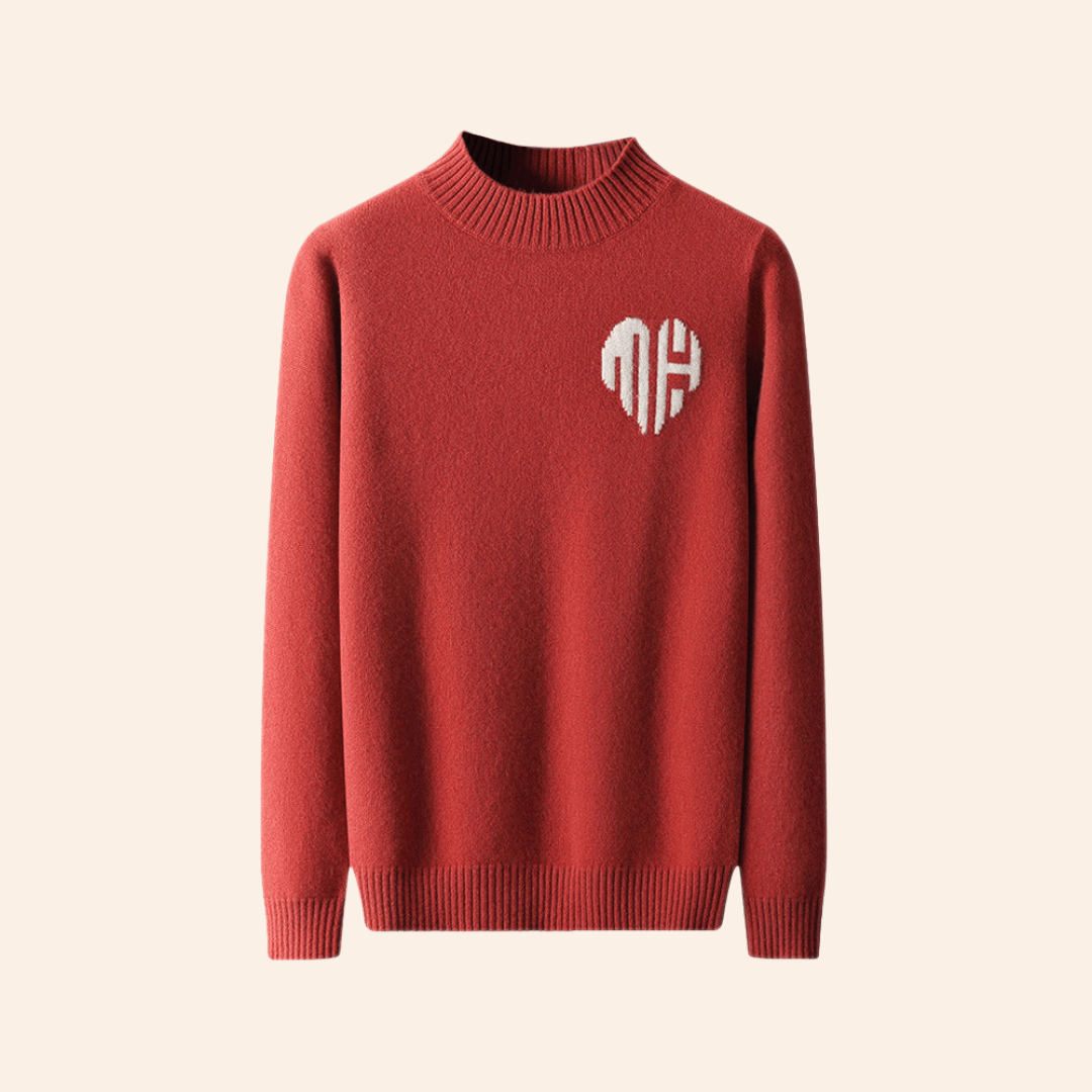 Heren-rood-gebreide-sweater-met-wit-monogram-applicatie-en-geribde-kraag