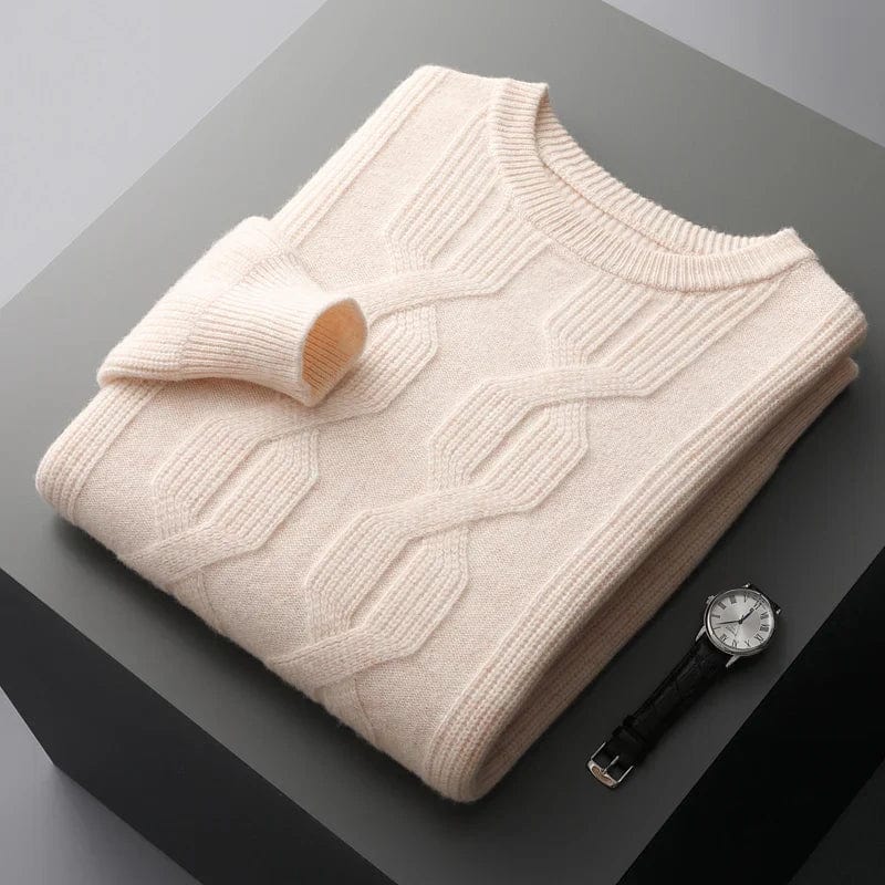 beige-kasjmier-sweater-met-kabel-gebreid-patroon-elegant-geplooid-op-grijze-achtergrond-nabij-zwart-horloge